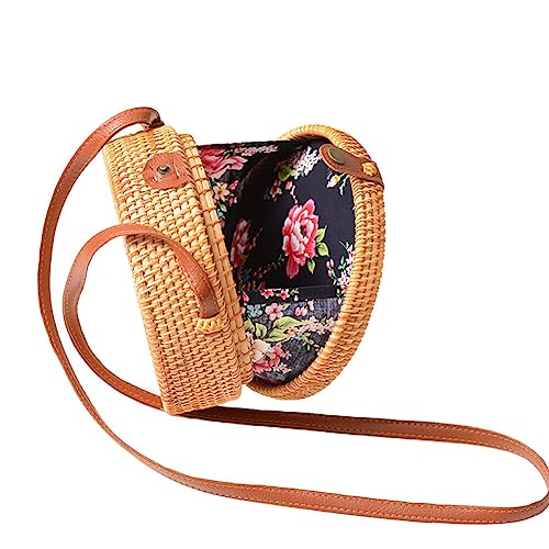 Rattan Shoulder Bag for Women, Vintage Printed Lining Handwoven Round Rattan Crossbody Bag, Summer Beach Weave Shoulder Bag Handbag with PU Leather Strap and for Travel, Picnic