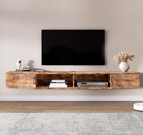 WAMPAT Floating TV Stand with Charging Station for 32-80 inch TVs, 70'' Floating Shelf for TV, Wall Mounted Shelf, Modern Floating Entertainment Center Media Console Shelf for Living Room, Brown