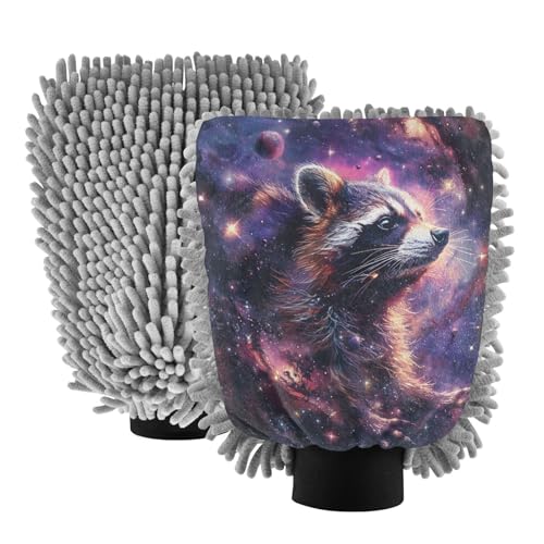 ALAZA Raccoon Nebula Galaxy Car Wash Mitt Scratch Free, 2 Pack Absorbent Microfiber/Chenille Washing & Drying Mitts, M