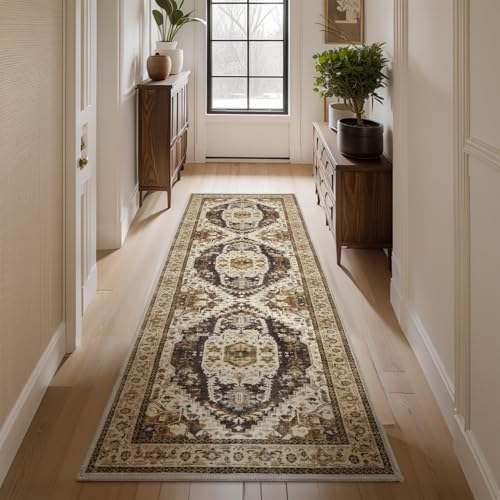 2x6 ft Runner Rug for Hallways Non Slip Washable Kitchen Runner Bedroom Bedside Runners Long Runners for Entryway Laundry Room Bathroom Neutral Brown Brown 2' x 6' (Runner)