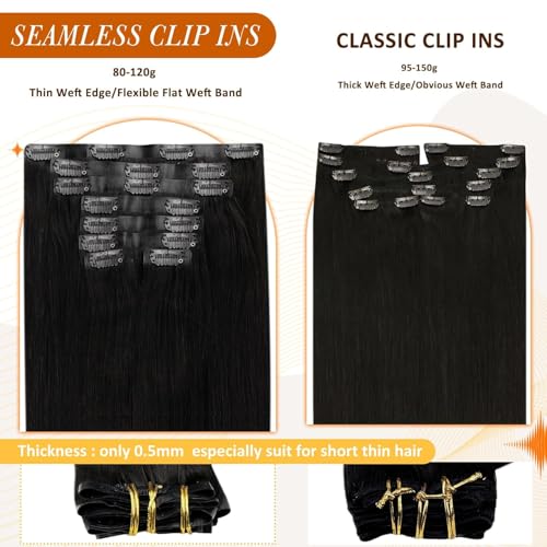 Image of Full Shine Clip in Hair Extensions Human Hair, Natural Black 22 Inch | Seamless Clip Ins, 120g 8 Pcs, Invisible Ultra-Thin Weft, Adds Length,Lightweight, Waves and Curls, Party Styling