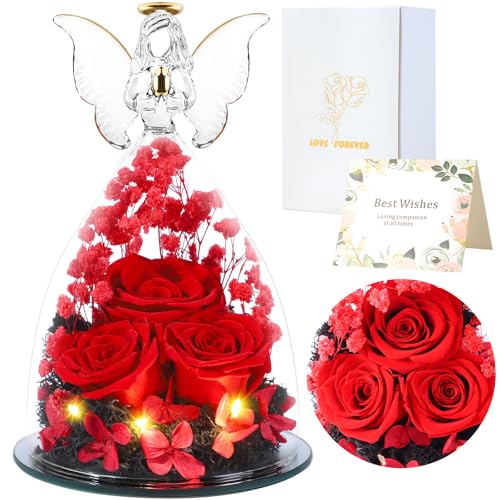 FRFG Cadeaux de Roses Eternelles pour Femmes, Cadeau Femme Roses Préservées dans des Figurines d'ange en Verre, Anges de Fleurs pour Maman Grand-mère, Epouse, Sœur, Petite Amie (Rouge)