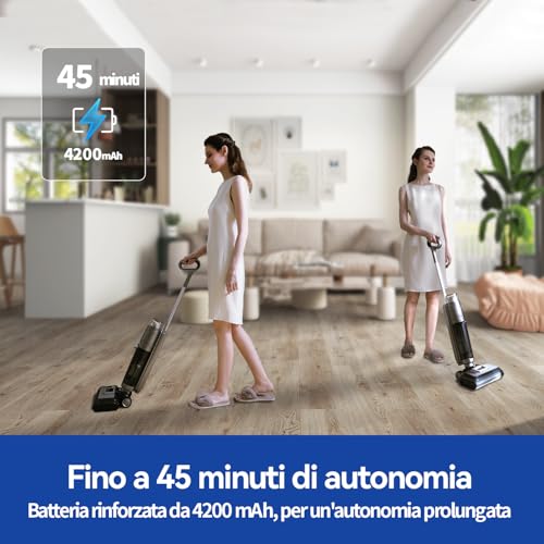 Aspirapolvere Lavapavimenti Senza Fili, 45 Min Di Autonomia, 17,5Kpa Di Potente Aspirazione, Lavapavimenti Senza Filo Intelligente Con Autopulizia E Auto-Asciugatura Per Pavimenti & Piastrelle E Legno - 3