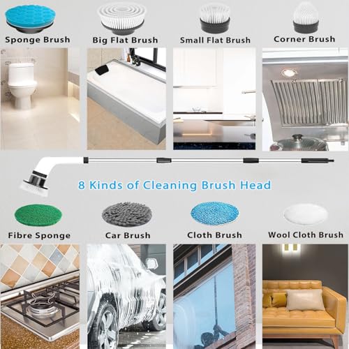 MGLSDeet Electric Spin Scrubber Scrub Brush, Rechargeable Cleaning Brush with 8 in 1 Replaceable Brush Heads, Cordless Power Spin Scrubber 90Mins for Bathroom Shower Bathtub Glass Car