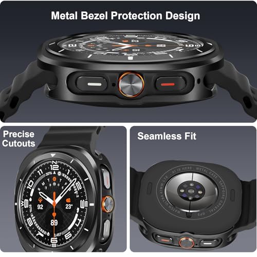 Image of Metal Case Compatible with Samsung Galaxy Watch Ultra /Ultra 2 (2025) 47mm with Back Cover, Rugged Thin Hard Frame Protective Cover for Galaxy Watch 7 /8 Ultra 47mm - Black White
