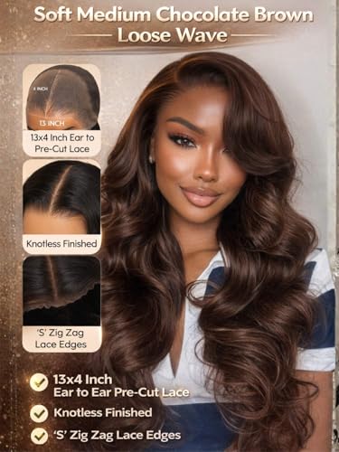 Image of Beauty Forever Pre Everything Medium Chocolate Brown Loose Wave 13x4 Lace Front Human Hair Wig Pre Plucked Pre Cut Face Framing Layers Glueless Drawstring Wear and Go Wigs 150% Density 18inch