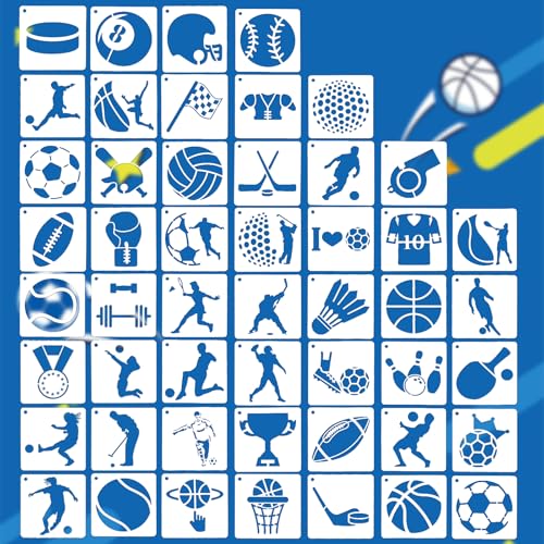BUZIFU 50 Stück Ball Schablonen zum Malen 4inch Sport-Schablonenset Schablonenschablone zum Thema Sport Wiederverwendbare Zeichenschablonen Kunststoff-Schablonen des Fußball Basketball Badminton Mehr
