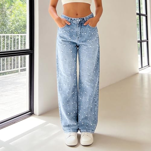Jeans taille haute perles avec jambe large fluide - 3