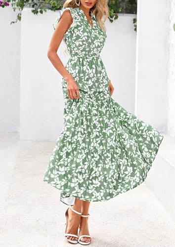 PRETTYGARDEN Women's 2025 Summer Floral Midi Dress Cap Sleeve V Neck Ruffle Long Flowy Boho Casual Beach Vacation Dresses4