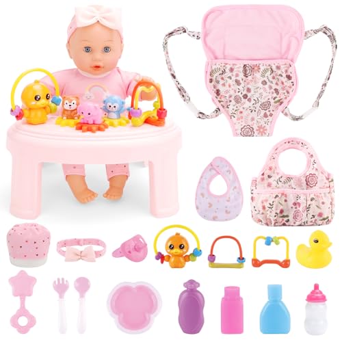 deAO 13'' Girl Baby Doll Play Set Interactive Baby Doll with 20pcs Accessories Carrier Crossbody Diaper Bag High Chair Feeding Nursery Pretend Play Toddler Girl Toy Gift Age 3+