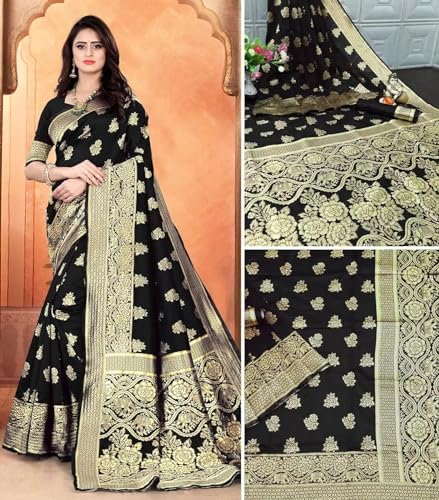 Image of C J Enterprise Women's Banarasi Saree Pure Kanjivaram Silk Saree Soft Design Wear Pattu Sarees Cotton With Blouse Piece Kanchipuram for Wedding sadi new ladies 2023 (Nayra-1) (Black)