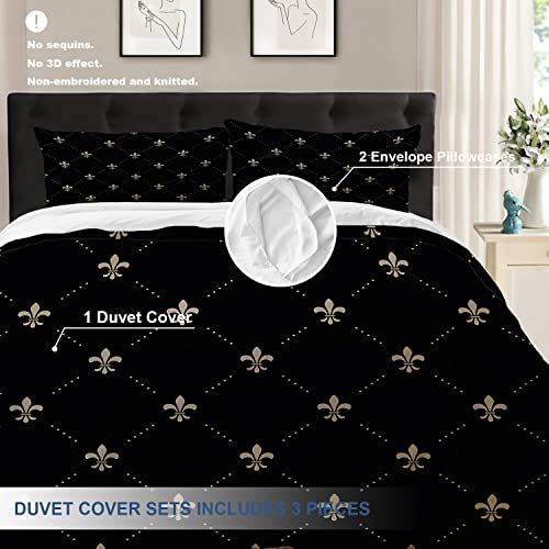 Batmerry Black French Fleur De Lis Queen Size 3 Pieces Bedding Comforter Cover Sets,Soft Fluffy Golden Pastoral Flowers Pattern Printed Duvet Cover thumb #2