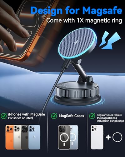 Image of 15W MagSafe Car Mount Charger, Magnetic Wireless Car Charger with Vacuum Suction Cup & Nano Adhesive Base, 360 Rotatable Strong Hold Car Phone Mount for iPhone 17 16 15 14 13 12 Series, Samsung S26