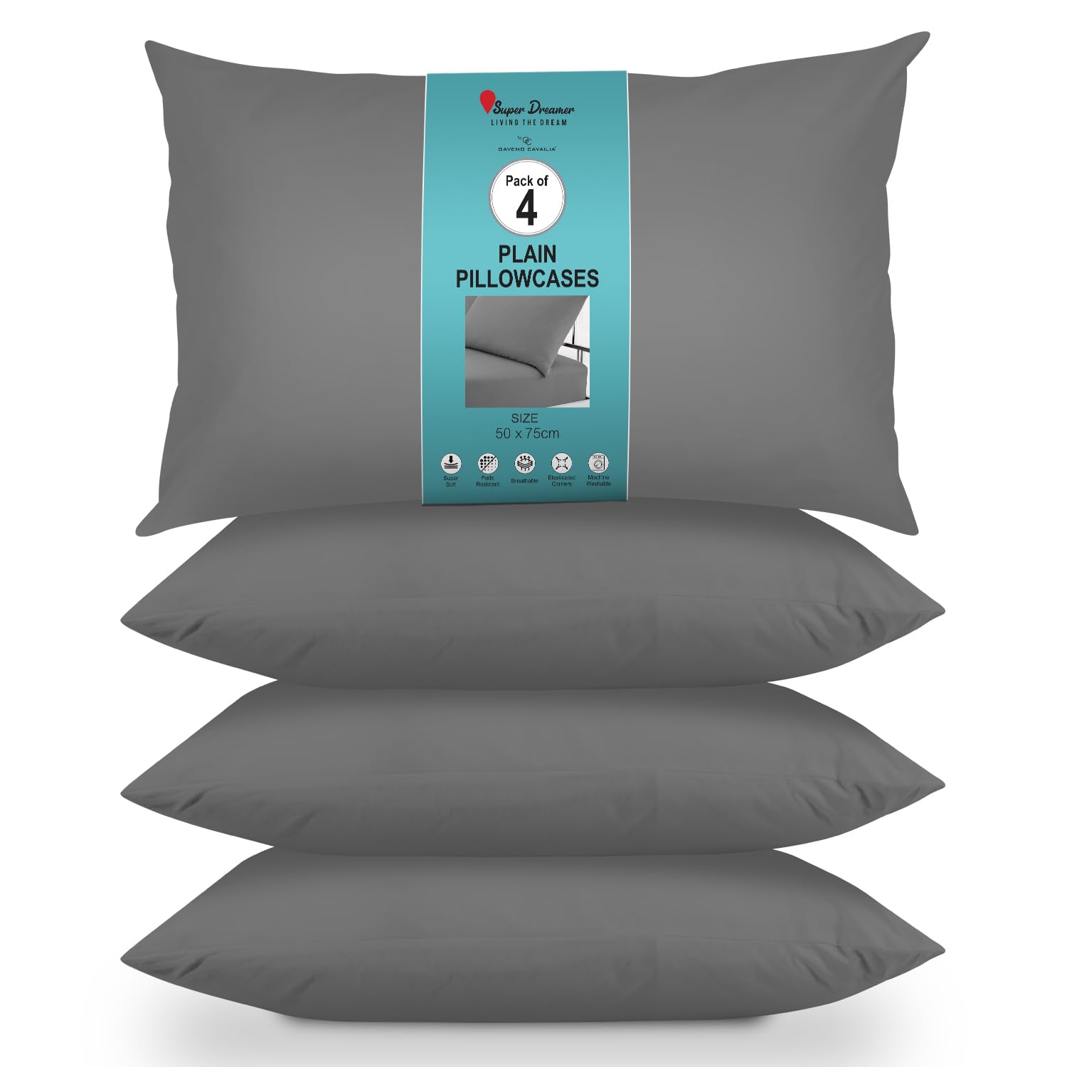GC GAVENO CAVAILIA Housewife Pillowcases 4 Pairs - 100% Microfibre Bed Pillow - Standard Size 75x50 cm - Hypoallergenic Pillowcase - Envelope Closure - Wrinkle, Fade & Stain Resistant - Charcoal