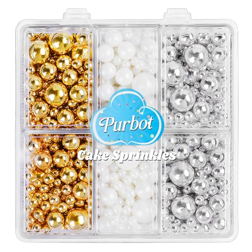Image of Pearl Sprinkles for Cake Decorating, 4 Sizes Edible White, Gold and Silver Pearl 130g /4.6oz, Cupcake, Ice Cream, Donuts, Macaron Toppings Supplies (2mm, 4mm, 7mm, 1cm)