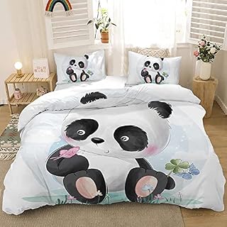 MUSOLEI Panda Single Duvet Cover Set Kids Bedding Set for Girls,Lovely Light Blue Quilt Bed Cover Flower Soft,Zipper with Pillowcase (Cute panda,Single)
