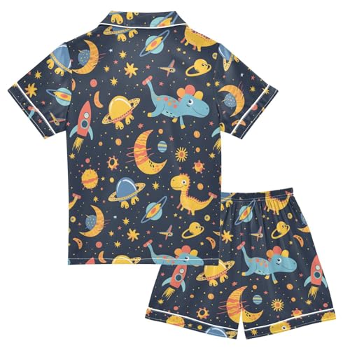 ALAZA Solar System Space Dinosaur Moon Satin Pajamas Set Short Sleeve Button Down Sleepwear Summer Pjs 2 Piece2