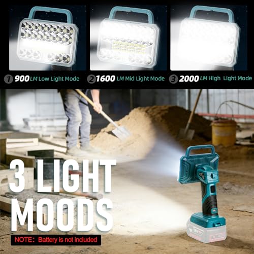 Image of Cordless LED Work Light for Bosch 18V Battery, 2000LM Portable Handheld Flashlights Tool with USB Port and 3 Brightness Modes for Camping, Fishing, Job Site, Indoor & Outdoor Use