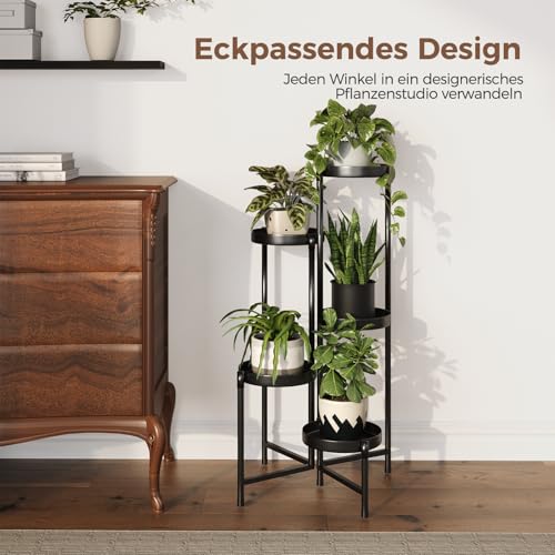 Bamworld Blumenständer Metall 5 Ebenen, Modernes Pflanzenregal für Innen und Außen, Stabiler Pflanzenständer mit Mehreren Ablagen, Platzsparender Blumenhocker für Wohnzimmer Balkon Garten