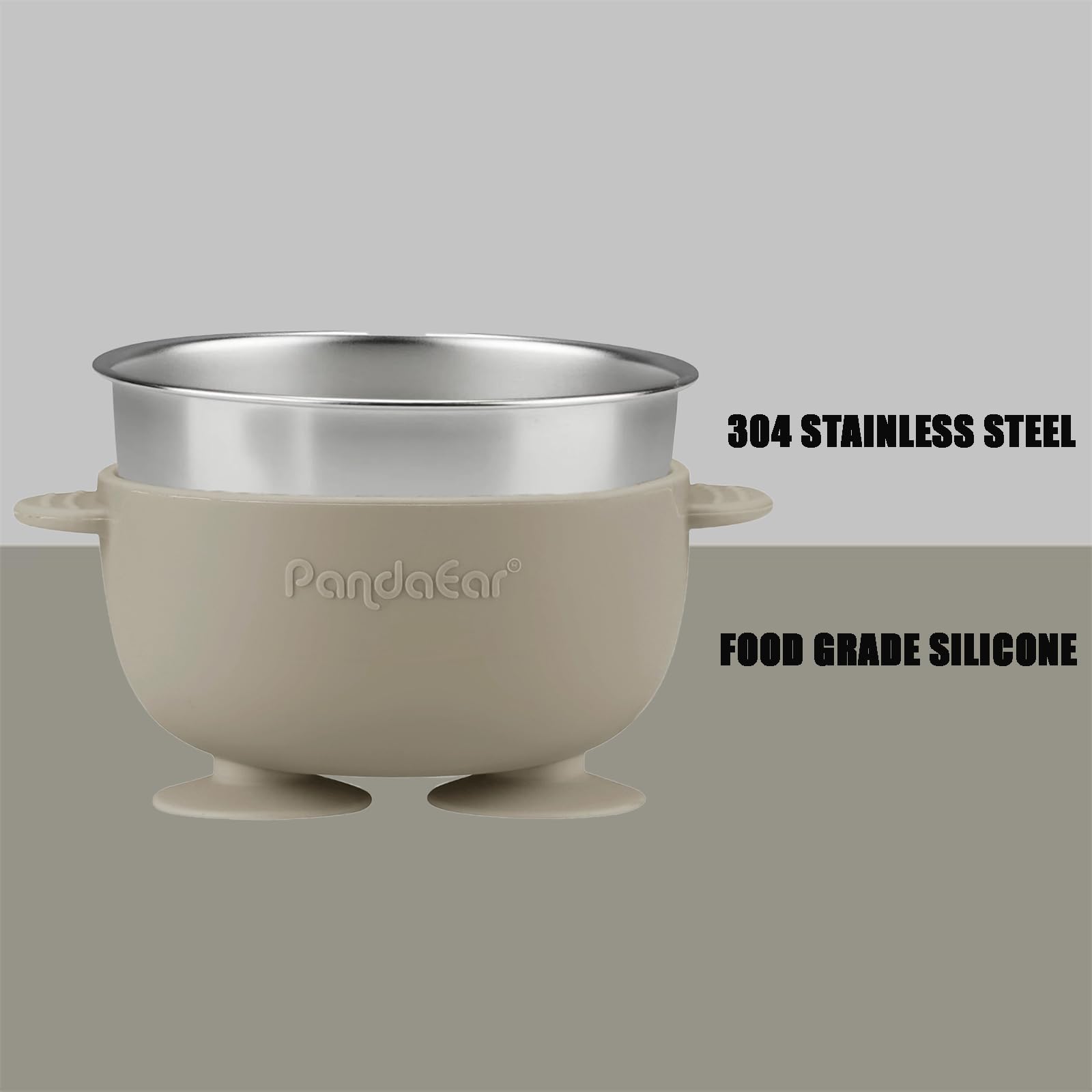 PandaEar Lot de 3 Bols Inox avec Ventouse et 3 Cuillères en Silicone | Set Antidérapant pour Bébé et Tout-Petit, Idéal pour Diversification Alimentaire, Sans BPA (Lin, Marron, Gris)