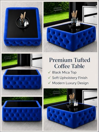 Image of Premium Tufted Upholstered Coffee Table with Mica Top - Modern Square Ottoman Center Table, Soft Velvet Finish, Luxury Living Room Furniture - 30 x 30 x 18 Inch (Royal Blue)