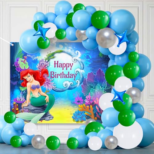 Image of Party Propz Mermaid Theme Birthday Decorations with Backdrop - 40 PCS Mermaid Balloons, Star Foil Balloons, Birthday Decoration Kit for Girls with Happy Birthdays Backdrop