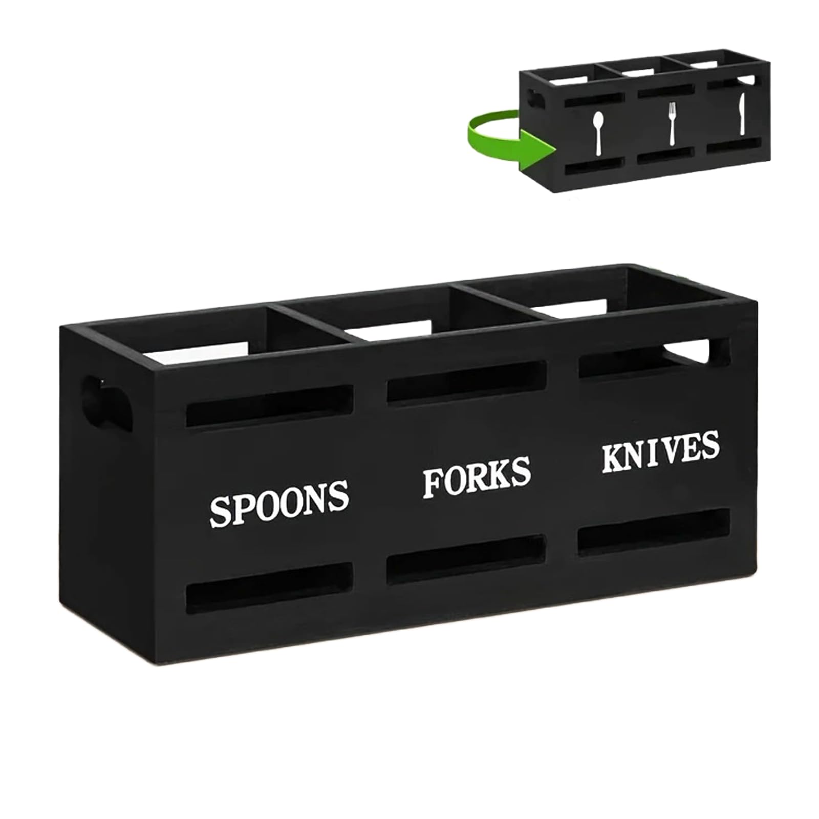 LONG TAO Kitchen Utensil Holder Wooden Cutlery Holder Black Silverware Utensil Caddy Cutlery Organizer Wood Silverware Containers for Kitchen Countertop Spoons Forks Knives Cooking Tools Storage