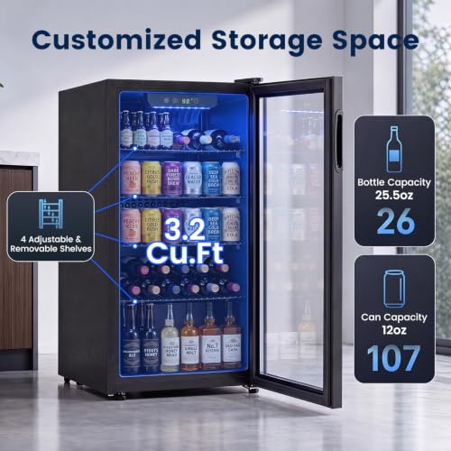 Image of COSTWAY 3.2 Cu.Ft Compact Beverage Refrigerator with Glass Door, 90 L | Mini Fridge with 4 Adjustable Shelves & Digital Temperature Control for Beer, Soda, Wine, Drink Cooler for Home, Kitchen, Bar