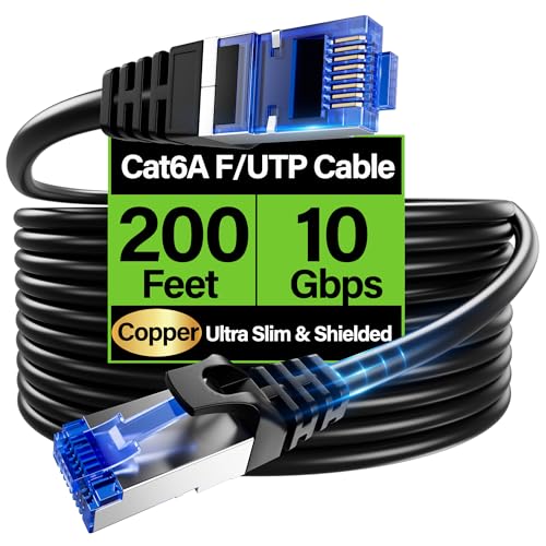 Image of Cat6A Ethernet Cable Shielded 10Gbps 200 ft, Slim Shielded (F /UTP) Ethernet Cable Cat 6, Flexible 28AWG Bare Copper Cat6 Cable, Space-saving Cat 6a Network Cable for Server, Data Center, Black