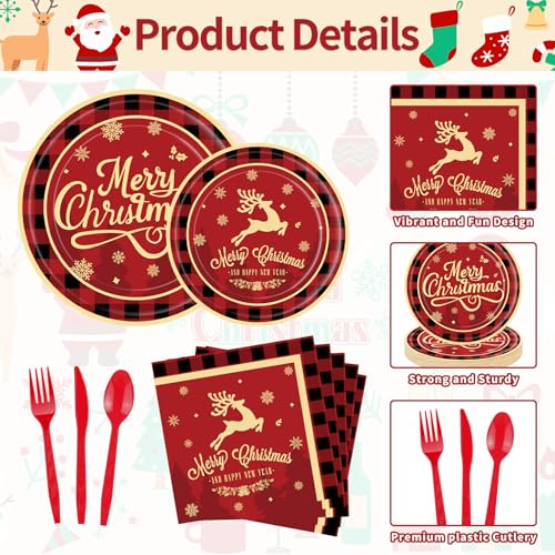 175 Pcs Merry Christmas Party Supplies Set - Serves 25, Festive Red and Black Plaid Disposable Tableware, Includes Paper Plates, Cups, Napkins, Forks, Spoons, Knives for Xmas Holiday Celebrations – Image 4