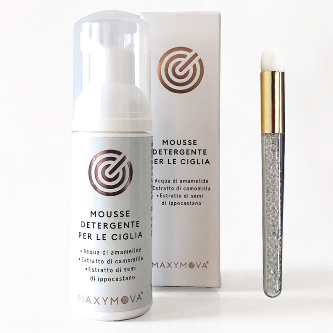 MAXYMOVA Mousse Limpiadora Desmaquillante para Pestañas y Rostro, 170 ml con Cepillo de Regalo – Espuma Suave para Extensiones de Pestañas, Elimina Maquillaje e Impurezas – Made in Italy