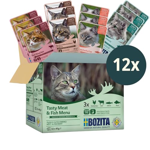 Bozita Nassfutter Häppchen in Gelee mit Fisch und Fleisch- 12x85g Portionsbeutel getreidefreies & weizenfreies Futter für Katzen - Katzennassfutter für Adult-Katzen mit 8,5% Protein & 4,5% Fettgehalt