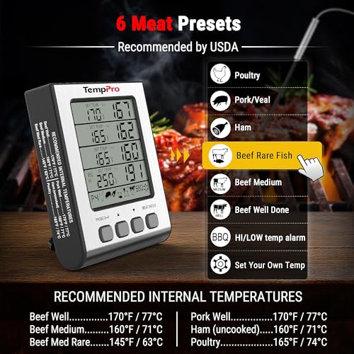 Image of ThermoPro Plastic Tp17H Digital Meat Thermometer With 4 Temperature Probes,Hi /Low Alarm Smoker Food Thermometer With Colored Backlit Lcd,Bbq For Cooking Grilling Kitchen Oven Barbecue Turkey