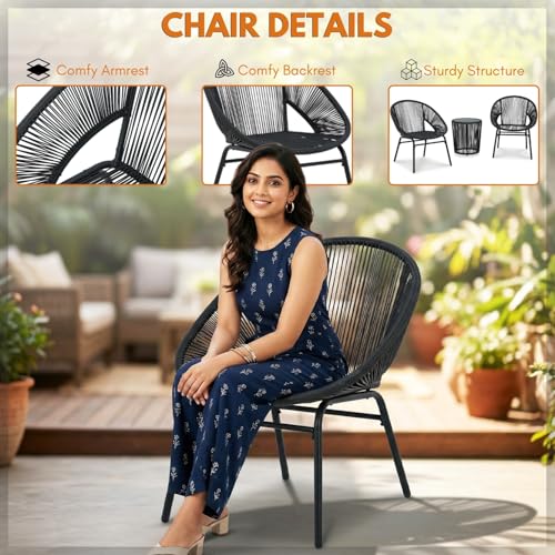 Image of DEVOKO Rope Outdoor 3-Piece Patio Chair Glass Top Round Table Set with All-Weather Rope Design Sturdy Durable Metal Frame for Garden, Balcony, Terrace, Deck(Black)