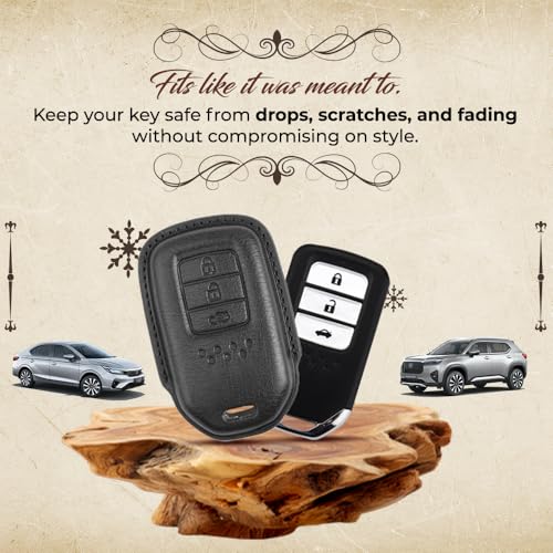 Image of keyzone dual leather key cover for Honda City, Accord, Amaze, CR-V, WR-V 3 button smart key