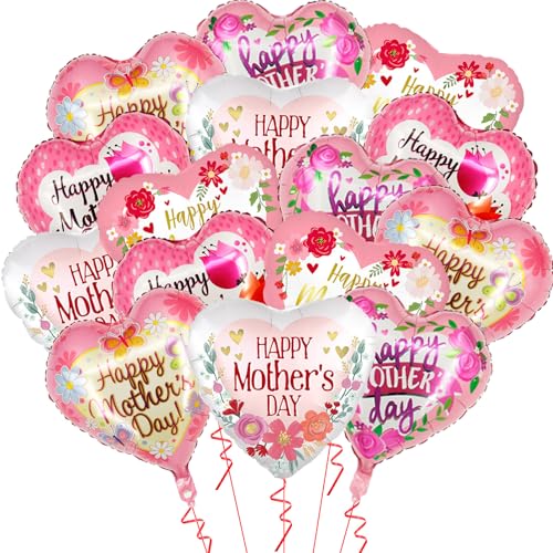 15Pcs Mothers Day Balloons - 18 Inch Happy Mothers Day Balloons for Mothers Day Decorations - Foil Heart Balloons for Mothers Day Birthday Party Decorations Supplies