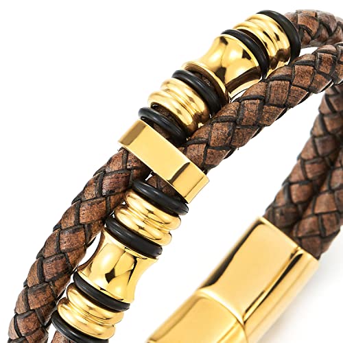 Pulsera trenzada doble para hombre con cuero y acero inoxidable miniatura 2