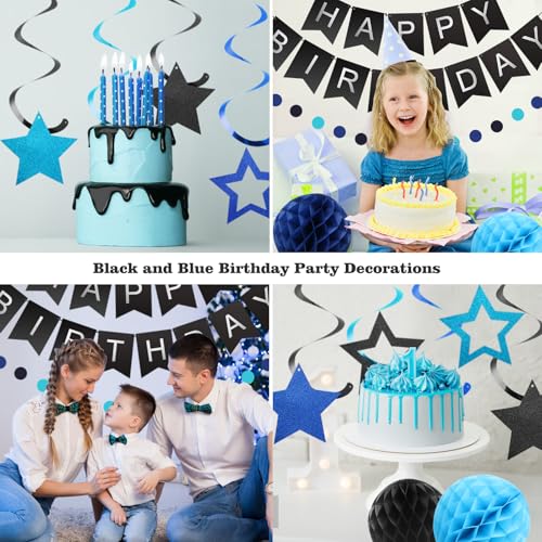 Image of meowtastic Birthday Decorations Happy Birthday Banner with Honeycomb Balls | 16pcs Birthday Set: 1 Banner+6 Honeycomb Balls+8 Star Spirals+1 Circle Dots, Happy Birthday Decor - Black and Blue