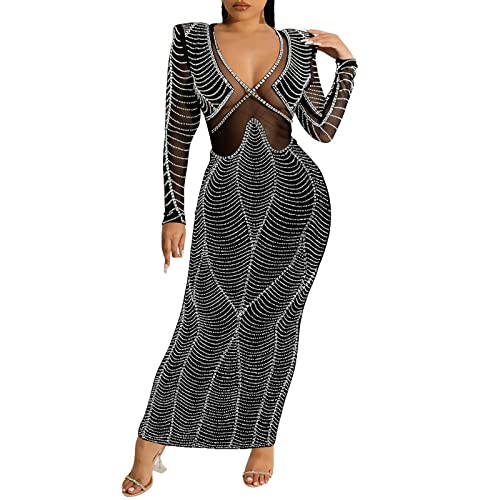 Robe longue à paillettes et col en V coupe ajustée pour femme