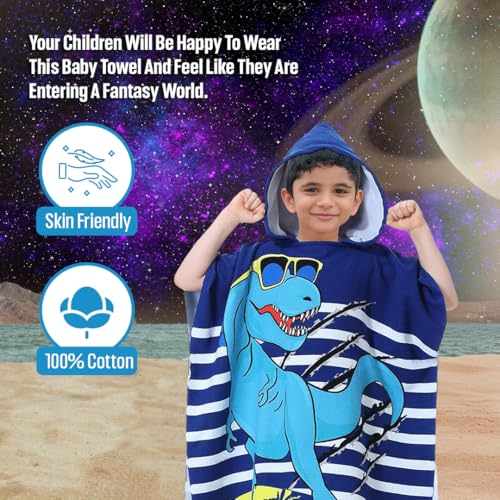 Image of TONY STARK Poncho Towel for Kids, Beach Towel with Hoodie, 60x60cm Travel Towel for 1-7 Years Girls and Boys, Soft Microfiber Sleeved Poncho (Dino Surfer)