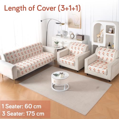 Image of HOKIPO Autumn Blossom Quilted Sofa Cover 5 Seater Set - Washable 3+1+1 Sofa Cover for Seat & Back with Tassel Design | 'Tassel Twigs' Series (IN-991-T5 + IN-989-T5)