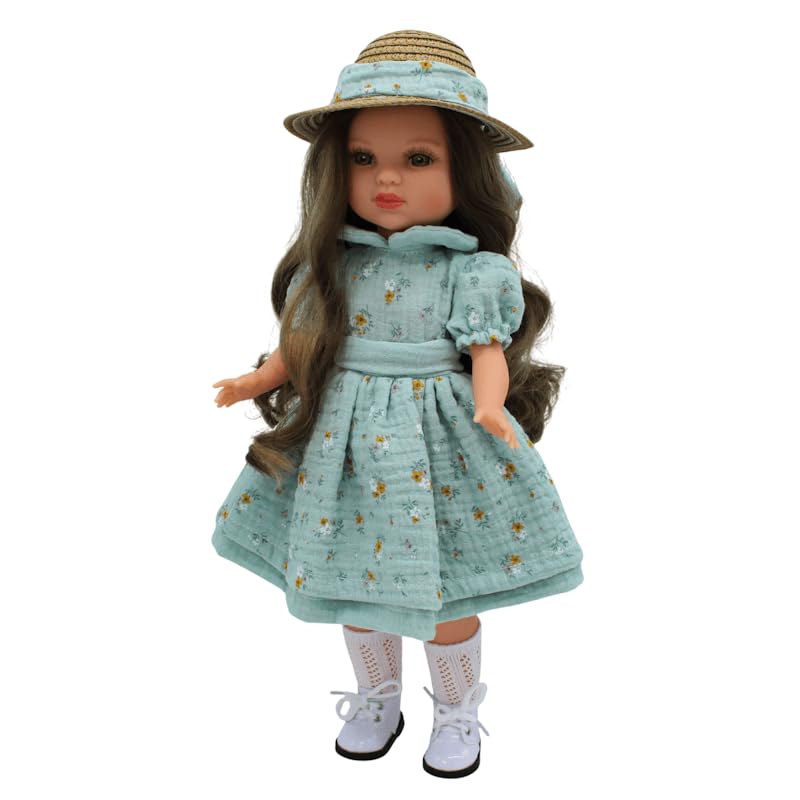 Set Ropa muñeca Folk Artesanía Vestido Verde Estampado y Sombrero Paja para muñecas colección Sintra, Simona, Mari's, Pepa's o Naia 41 cm.