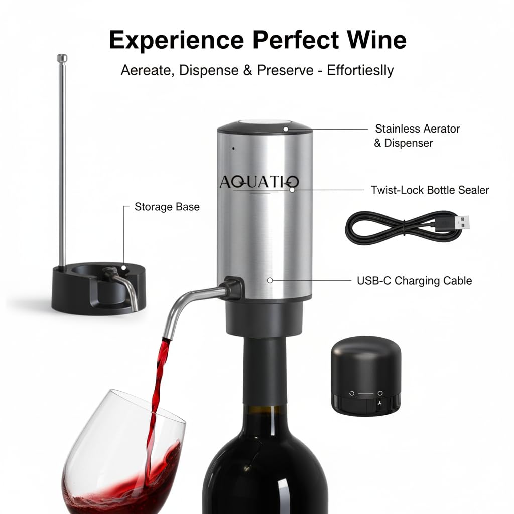 Aérateur de vin électrique avec support et tube rétractable, distributeur automatique d'oxydant de vin en acier inoxydable rechargeable par USB, cadeau pour les amateurs de vin