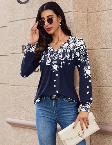 Image of Zeagoo Womens Long Sleeve Tops Fall V Neck Shirt Casual Pleated Tunic Top