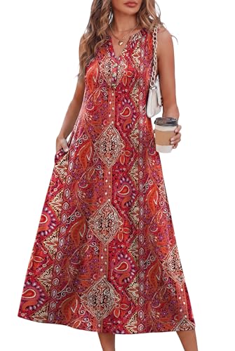 OFEEFAN Summer Dresses for Women Sleeveless Casual Midi Dress Button Front Beach Vacation Sundresses with Pockets