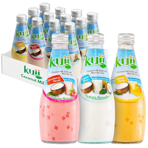 Kuii Coconut Milk Drink Variety Pack – 12 Count with Original Coconut, Strawberry & Mango Flavors – Refreshing Drinks with Nata de Coco for Fun & Fruity Tropical Hydration, 9.8 fl oz Bottles