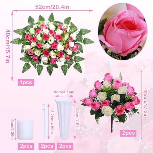 Lodou 3 Pcs Artificial Cemetery Flower Saddles, Rose Headstone Flower Saddle,Cemetery Memorial Flowers with Vase for Outdoor Grave Tombstone Decorations (Pink White) image 3