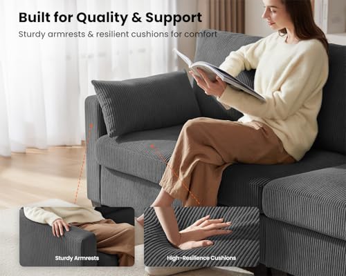 Image of CHIC HOUSE Modular Corner Sectional Sofa with Storage, Corduroy L-Shaped Couch, Compact Small Space Furniture for Living Room & Apartment (Dark Grey, 5 Seater L-Shaped)