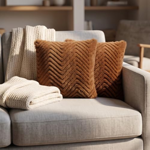 Image of Wakefit Designer Cushion Cover | 12x12 inch | Plush Fur Feel | Velvet Fabric | Machine Washable | Pack of 2 | Fur Brown