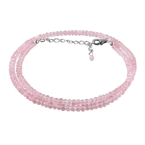 Natural Rose Quartz Gemstone Full Beads Dainty Choker Necklace Jewelry Gift for Women, Birthstone, Energy Healing Crystals, Rhodium Plated 925